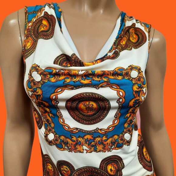 Y2K Baroque print Sleeveless Top Cowl Neck Stretch chain Print Top Size XS S - Picture 5 of 8